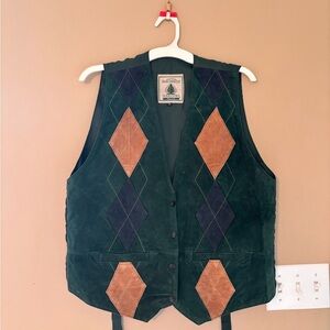 Vintage Woman’s Northwest Territory Green Argyle Leather Vest Size 1X